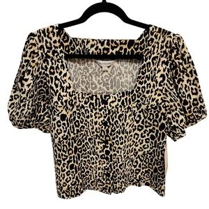 NWT Calligraphie Leopard Print Square Neck‎ Puff Sleeve Top Women's Size L